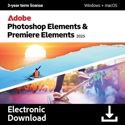 Adobe Photoshop Elements 2025 & Premiere Elements 2025 | PC/Mac Code | Software Download | Photo & Video Editing | 3-year term license | Activation Required