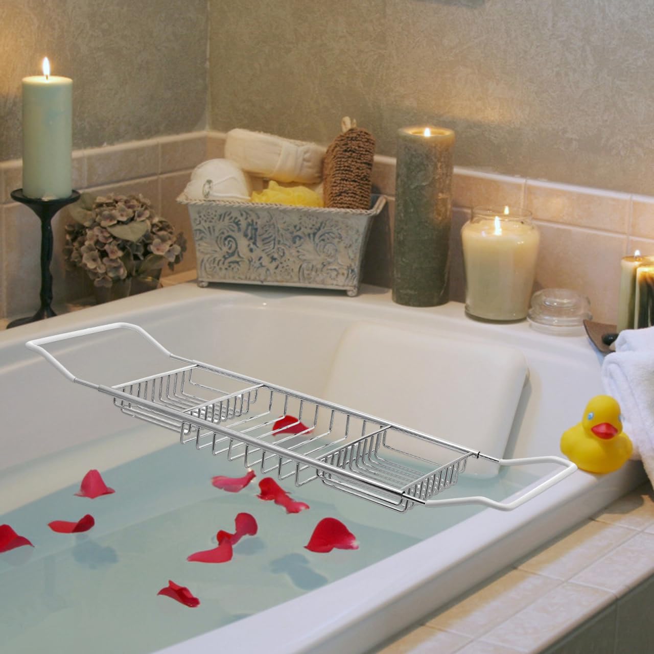 Alipis Estante De Bañera De Acero Inoxidable Telescópico Ajustable Antideslizante con Soporte para Teléfono Jabón Y Toallas Bandeja Multifuncional para Baño