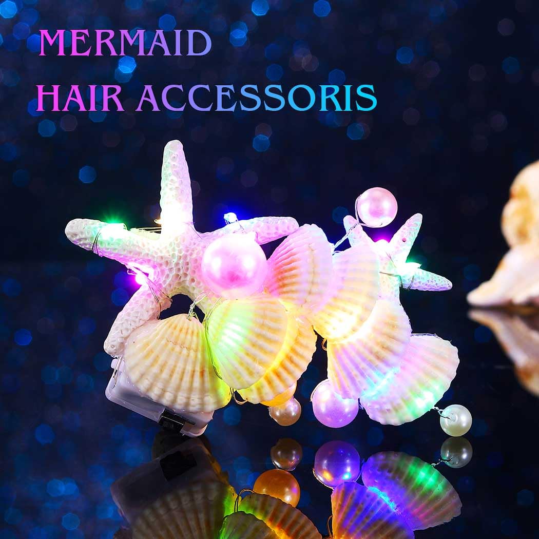 JAKAWIN Light Up Seashell Mermaid Hair Clips LED Starfish Costume Hair Barrette Ocean Glowing Hair Accessories for Women - Image 2