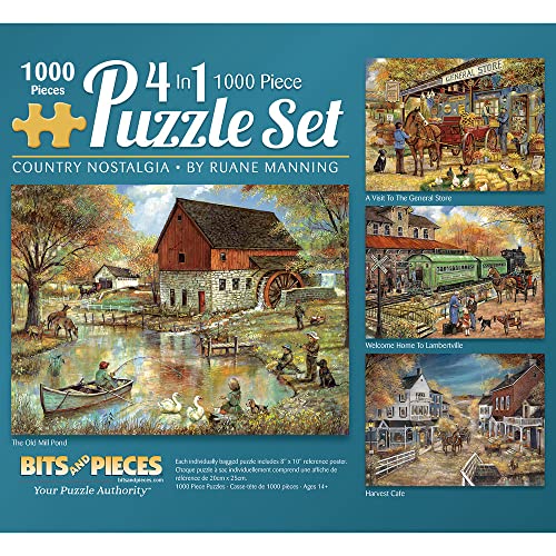 Bits and Pieces – 4-in-1 Multi-Pack 1000 Piece Jigsaw Puzzles for Adults – Country Pond Harvest Café Home General Store Jigsaw Puzzles by Artist Ruane Manning, Completed Puzzle Size: 20" x 27"