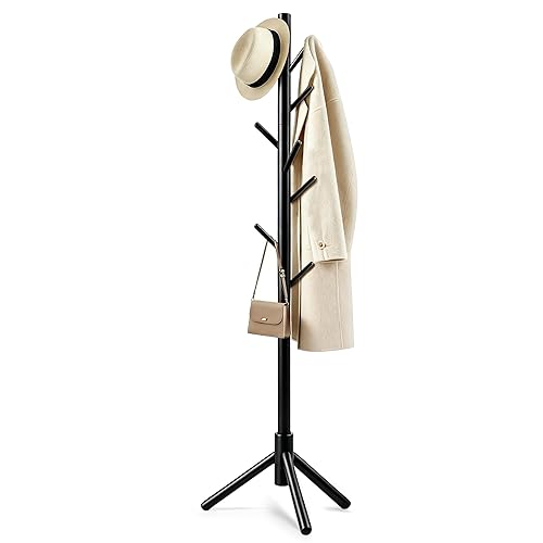 Wooden Coat Rack Freestanding with 8 Hooks & 3 Adjustable