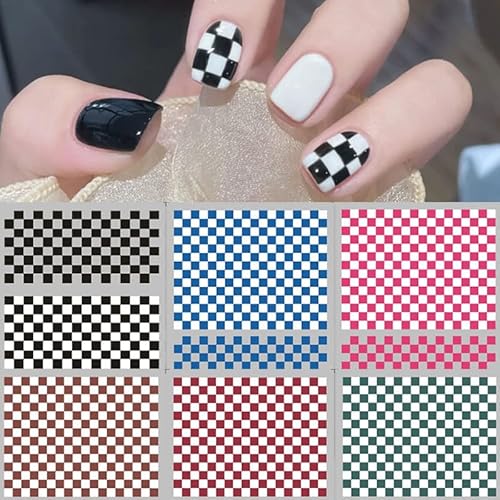 Jmeowio French Checkerboard Nail Art Stickers Decals 3D Self-Adhesive Pegatinas Para Uñas Checkered Black Nail Design Manicure Tips Nail Decoration For Women Girls 6 Sheets cover