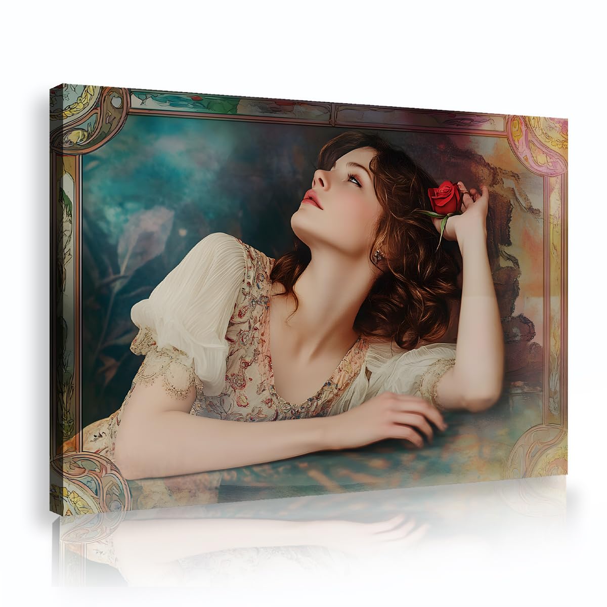 TOANGWALL Vintage Lady Canvas Wall Art Red Rose Woman Portrait Painting Nouveau Border Illustration Prints Modern Framed Poster Mural Pictures for Bathroom Corridor Decor 70x100cm