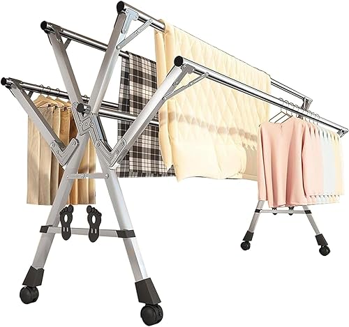 Foldable Clothes Drying Rack, 5-Rod Adjustable Stainless Steel Laundry Drying Stand for Indoor Outdoor Use, Space-Saving Garment Rack, Portable