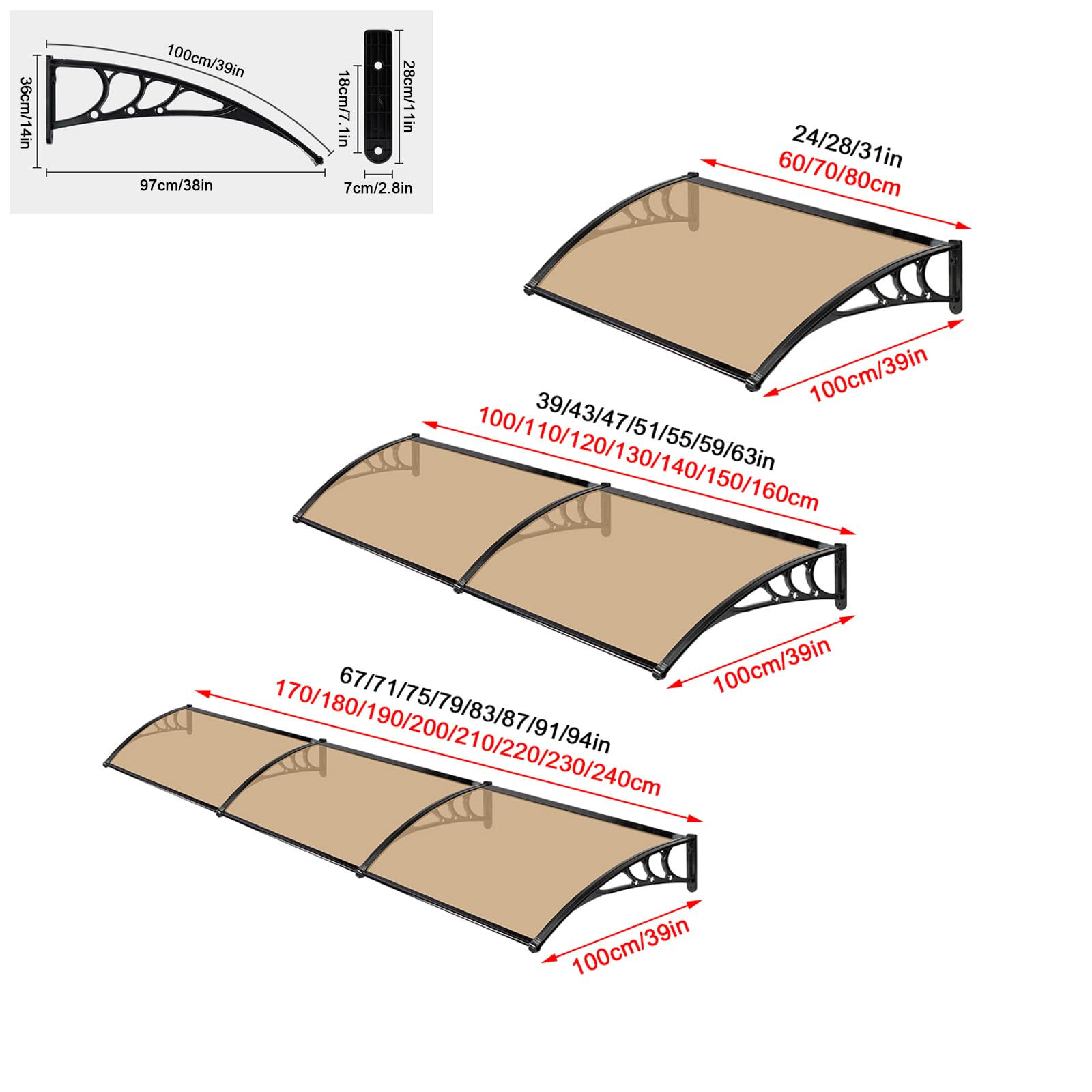 Auvent de Porte d'entrée Moderne en Polycarbonate Marron, auvent de Porte, fenêtre, Jardin, Porche, auvent, auvent arqué, Protection UV, Pluie, Neige, abri, pour Garage, Balcon (100 x 240 cm