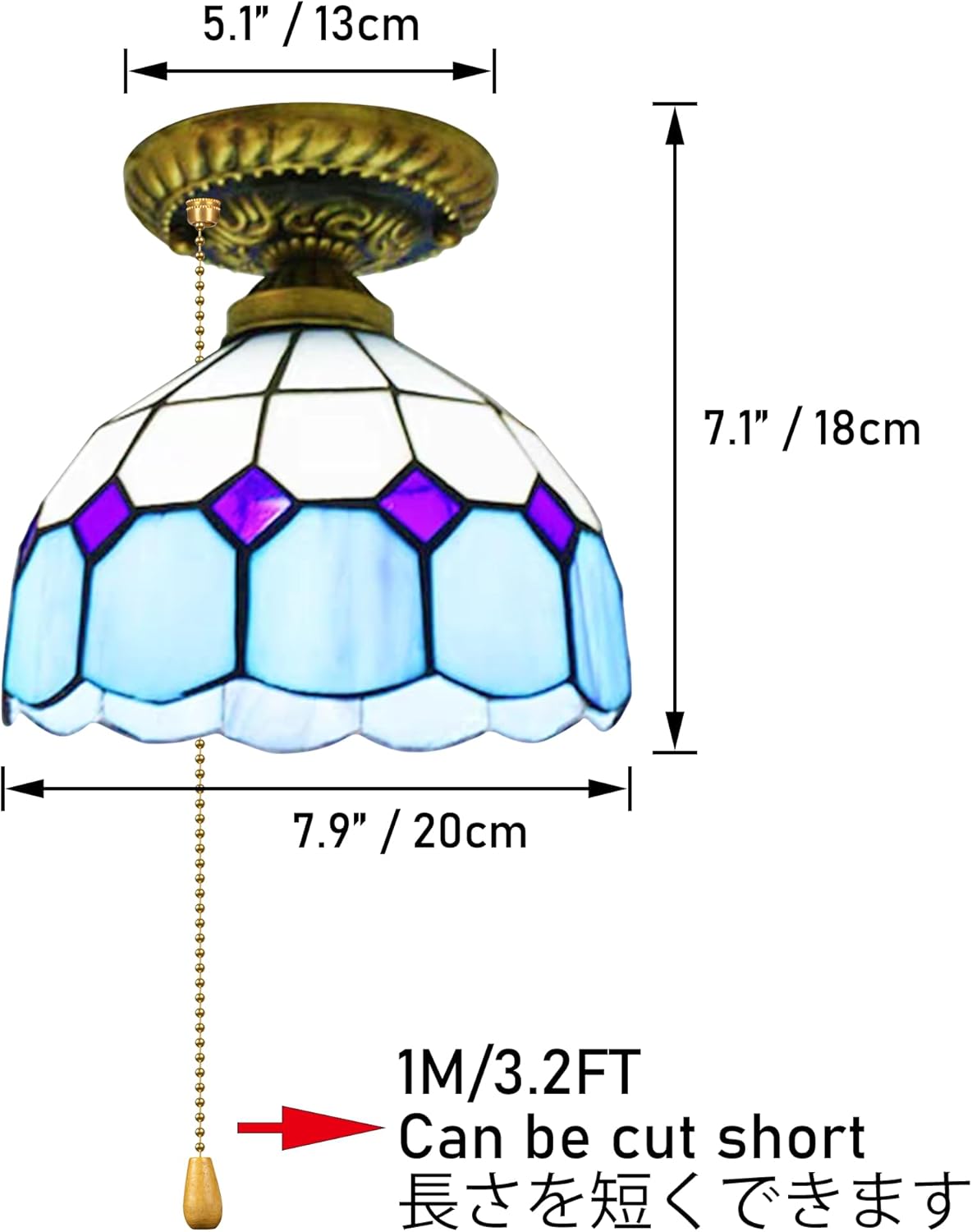 Diamond Lamp, Zipper Switch 12V RV Hallway Light Fixtures, 2700K Bulb Included Blue Dome Shape Stained Glass Semi Flush Mount Interior Lighting Decorative Ceiling for RV Camper