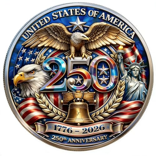 USA 250th Anniversary Commemorative Coins 250 American Flag Eagle&Liberty Bell Patriotic Collectible Merchandise Independence Day Metal Silver Plated Coin for Collectors Celebration Gift (1776-2026)