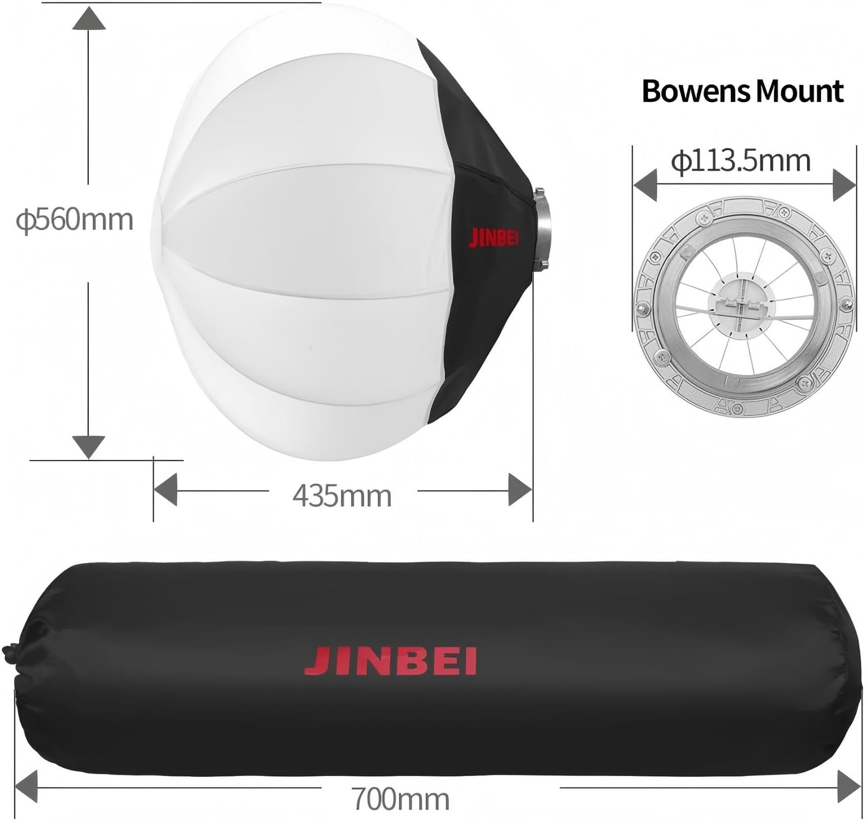 JINBEI Lanterne Softbox 56 Cm 360° – Lumière Douce Omnidirectionnelle, Monture Bowens, Installation Ultra-Rapide