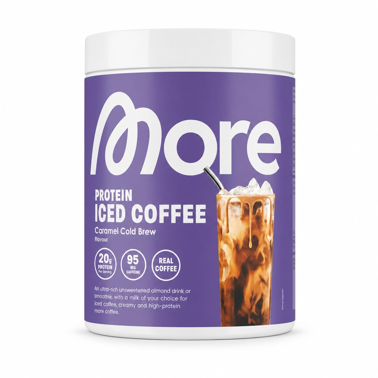 MORE Protein Iced Coffee Caramel Cold Brew – Proteinpulver mit Molkenprotein, Instant-Kaffee & Cookie-Stückchen, 1x 300 g +Heartglobal Versandschutz