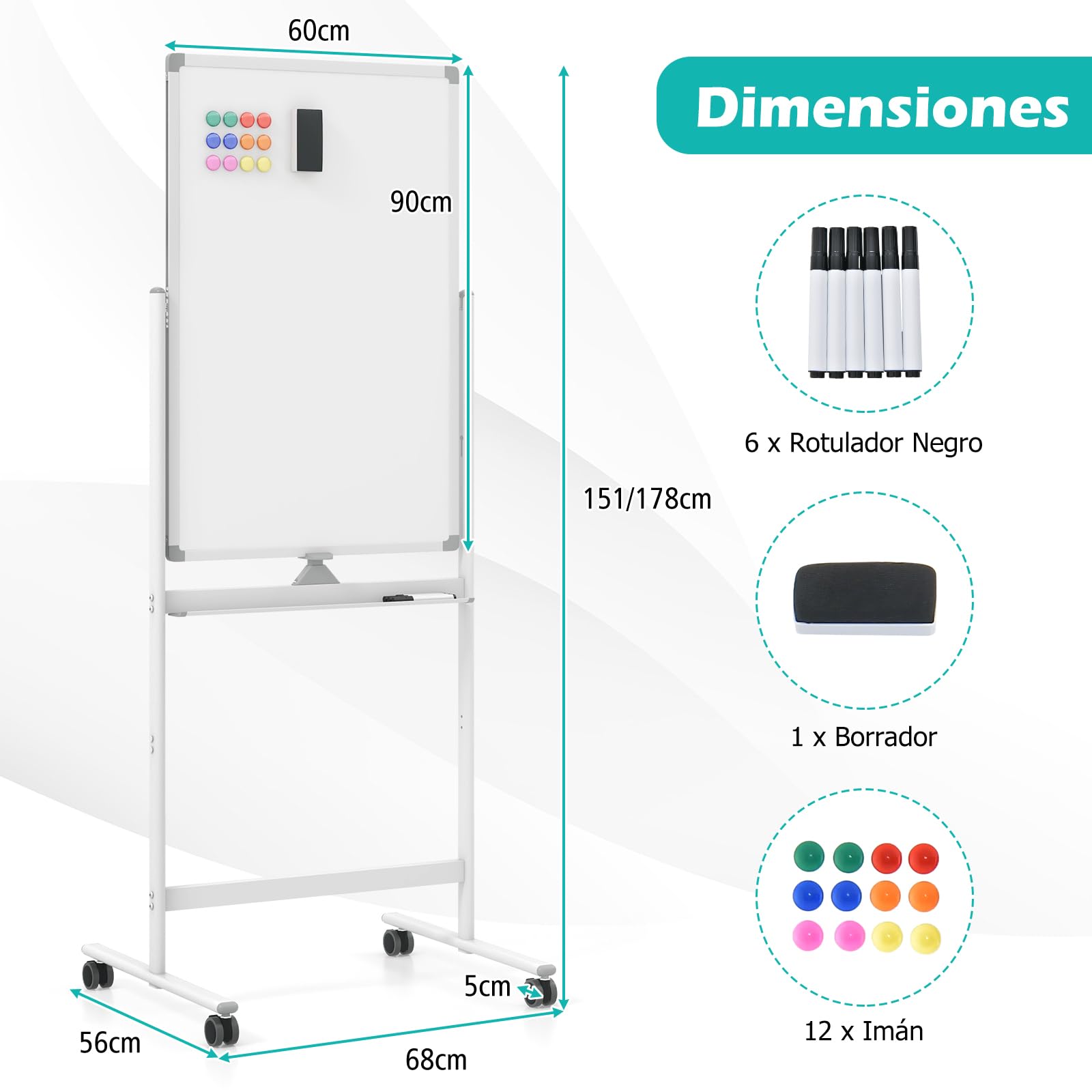GOPLUS Pizarra Blanca Rodante Magnética con Altura Ajustable 151-178CM, Pizarra Blanca Portátil Giratoria de 360° con 4 Rueda, Bandeja de Marcadores, Tabla de Doble Cara Borrable para Escuela, 60×90CM