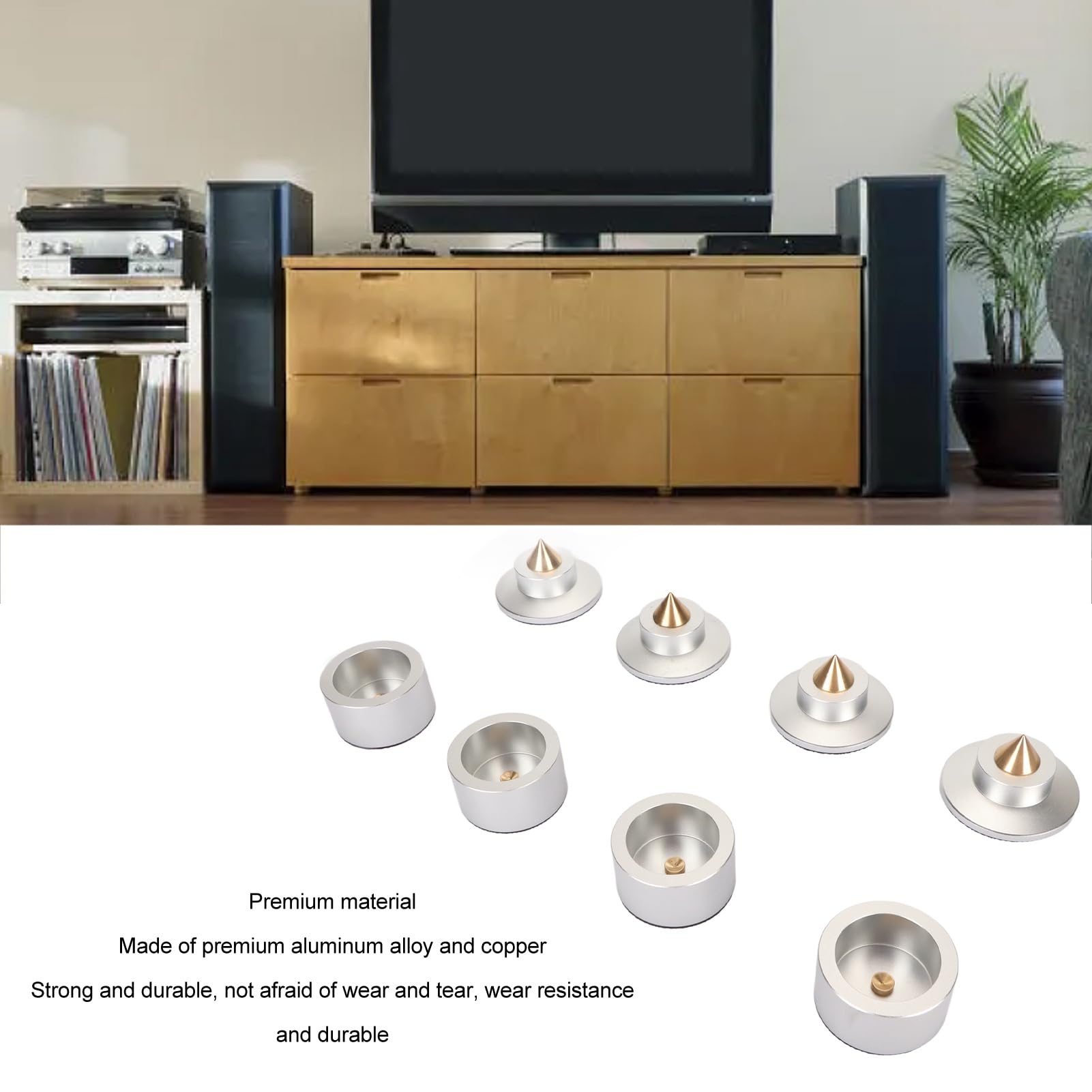 Piedini di isolamento per altoparlanti, ammortizzatore professionale e vibrazioni per qualità del suono HiFi, amplificatore, giradischi, lettore CD, lega di alluminio/rame, 4 pezzi (argento