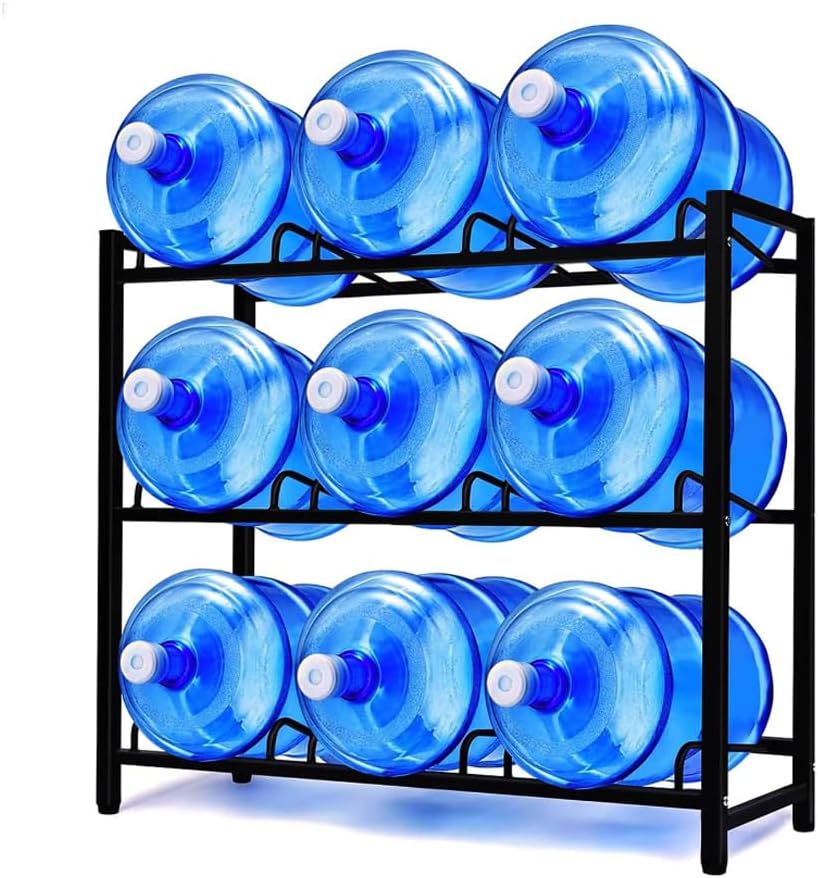 Bucket storage rack,Water Cooler Jug Rack, 9-Tray Water Jug Rack, Storage 5 Gallon Water Cooler Bottle Holder Stand, 3-Tier Heavy Duty Carbon Steel 5 Gal Water Bottle Organizer for Home, Off