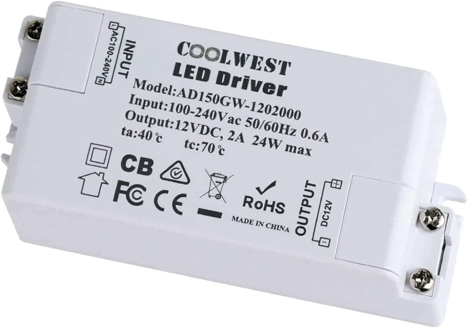 COOLWEST 24W LED Power Supply Driver Transformer 12V DC 2A - Constant Voltage for LED Strip Light G4 MR16 MR11 GU10 Bulbs