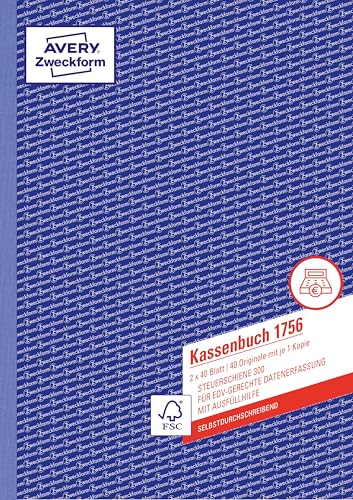 AVERY Zweckform 1756 Kassenbuch (A4 2x40 Blatt selbstdurchschreibend nach Steuerschiene 300 EDV-gerechte Datenerfassung von Rechtsexperten geprüft für DE ordnungsgemäße Buchführung) weiß/gelb
