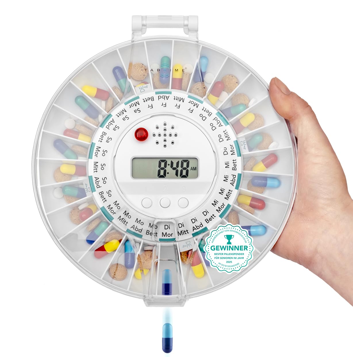 TabTime automatischer Tabletten-/Pillenspender mit Erinnerung, transparenter Deckel, verschließbar mit Zeitschaltung, ideal für Alzheimer- und Demenzpatienten, mit Dosierungsringen auf Deutsch