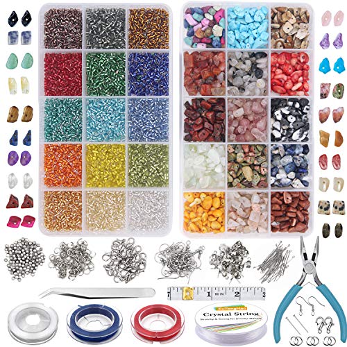 EuTengHao 7030Pcs Irregular Chips Stone Beads Natural Gemstone Beads and Glass Bugle Seed Beads Kit with Elastic String Plier Lobster Clasps Jump Ring for DIY Bracelet Necklaces Earring Jewelry Making