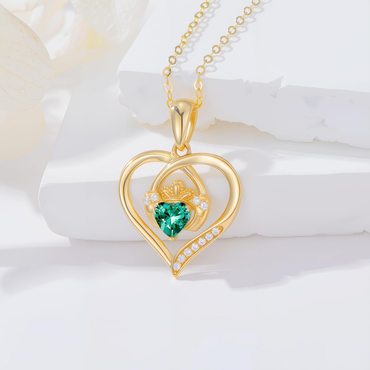 SISGEM 14K Gold Claddagh Heart Necklaces for Women, Solid Gold Emerald Claddagh Love Heart Pendant Women Jewelry Anniversary Birthday Gifts for Her, 18" - Image 2