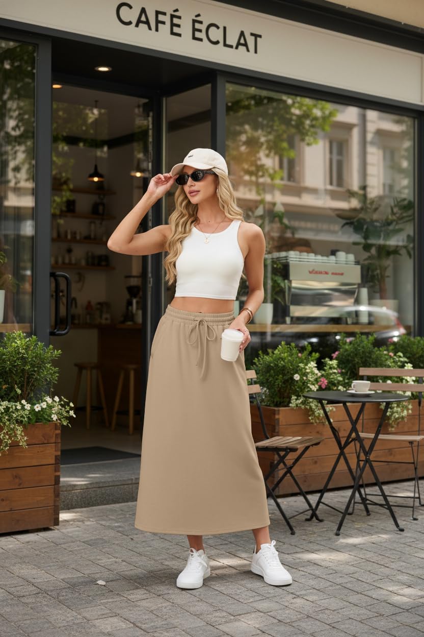 Lepunuo Casual Maxi Skirts for Womens Drawstring High A-Line Waisted Summer Long Trendy Skirts with Pockets - Image 3