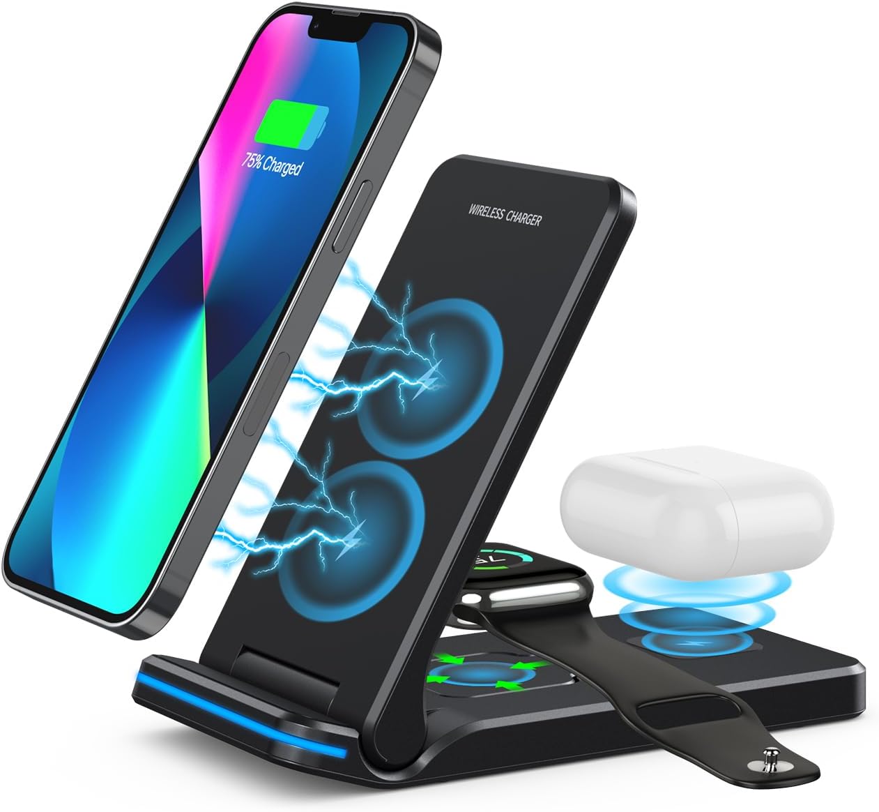 Wireless charger 3 in 1,Foldable wireless charging station for apple devices for iPhone 15/14/13/12/11/Pro/X/Max/Mini/XS/XR/8/Plus,Apple Watch 9/8/7/6/5/4/3/2/1/SE and AirPods 3/2/1/Pro(Black)