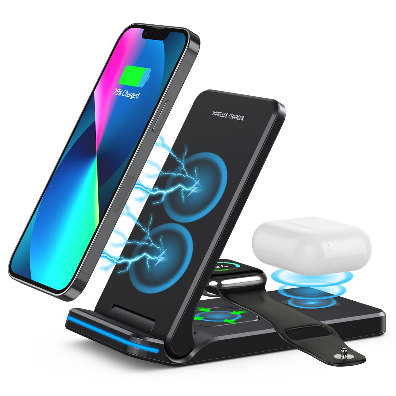 Wireless charger 3 in 1,Foldable wireless charging station for apple devices for iPhone 15/14/13/12/11/Pro/X/Max/Mini/XS/XR/8/Plus,Apple Watch 9/8/7/6/5/4/3/2/1/SE and AirPods 3/2/1/Pro(Black)