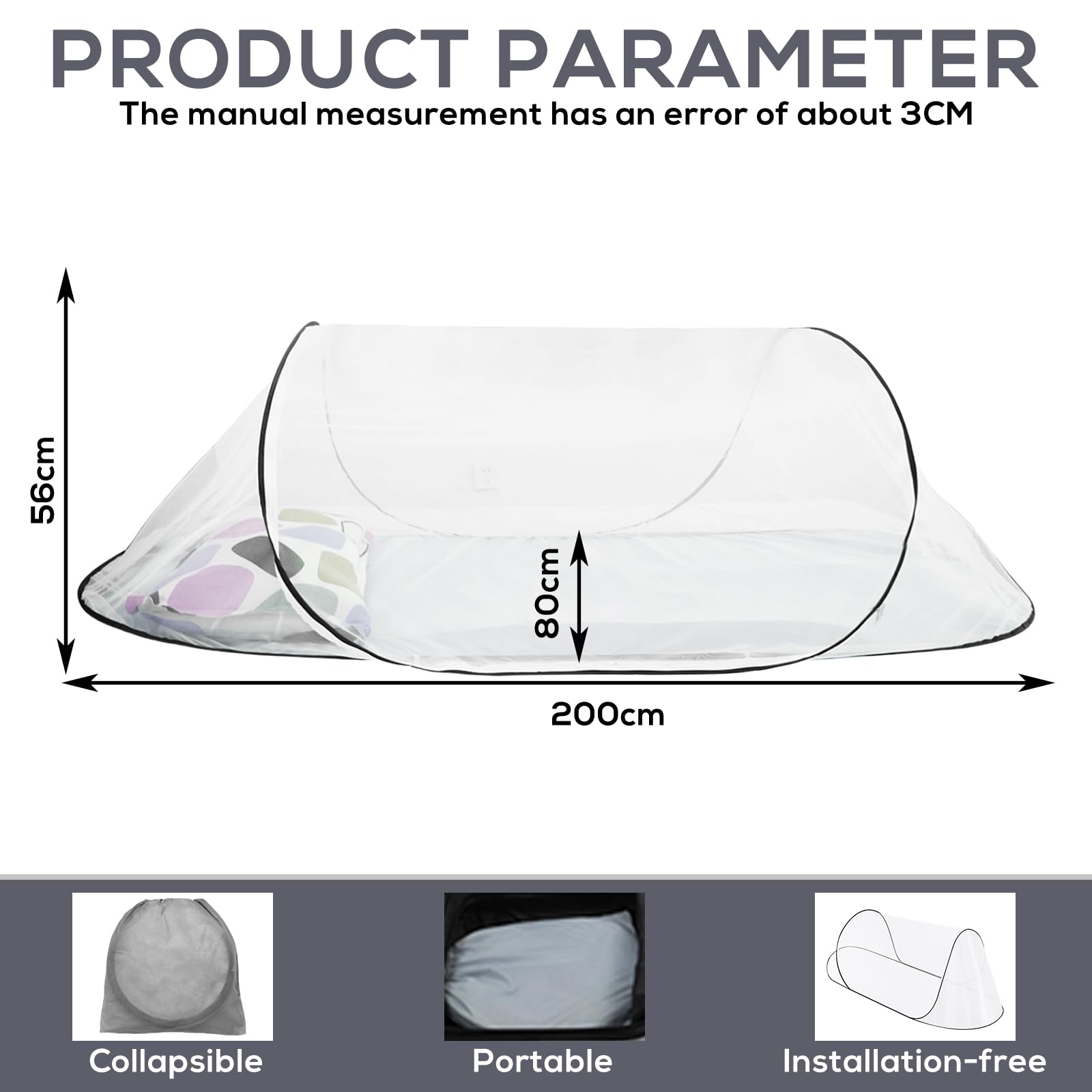 Zanzariera pieghevole 200 x 80 x 56 cm, anti-zanzare, letto pieghevole per la casa, letto a rete fine, tenda portatile per camera da letto, campeggio all'aperto (nero)