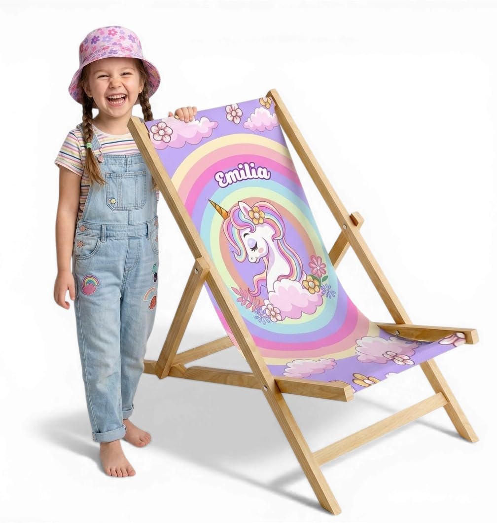 Ferocity Niños Tumbona Plegable de Madera Silla de Playa Personalizable Diseño Unicorn [119]