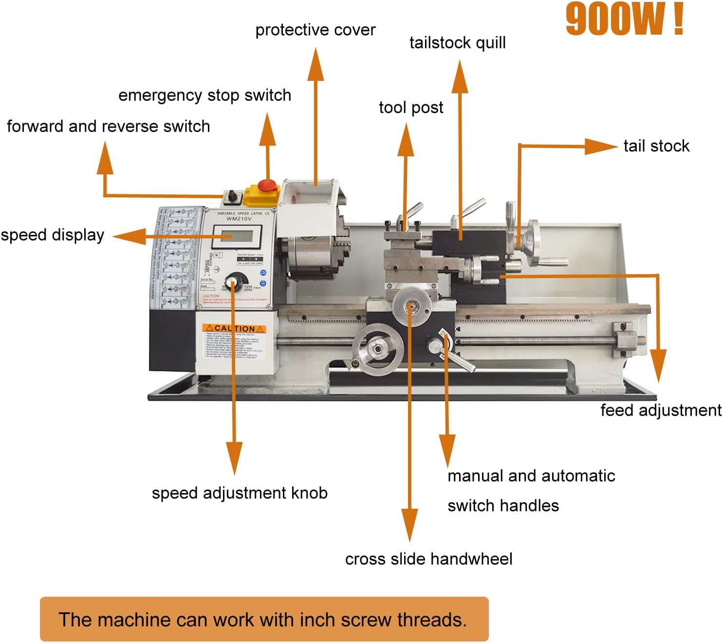 Precision 8X16" Metal Bench Lathe Variable Speed Inch Thread Lathe Metal Lathe Bench Lathe Milling Machine Metal Metalworking Lathe Miniature Lathe 110V