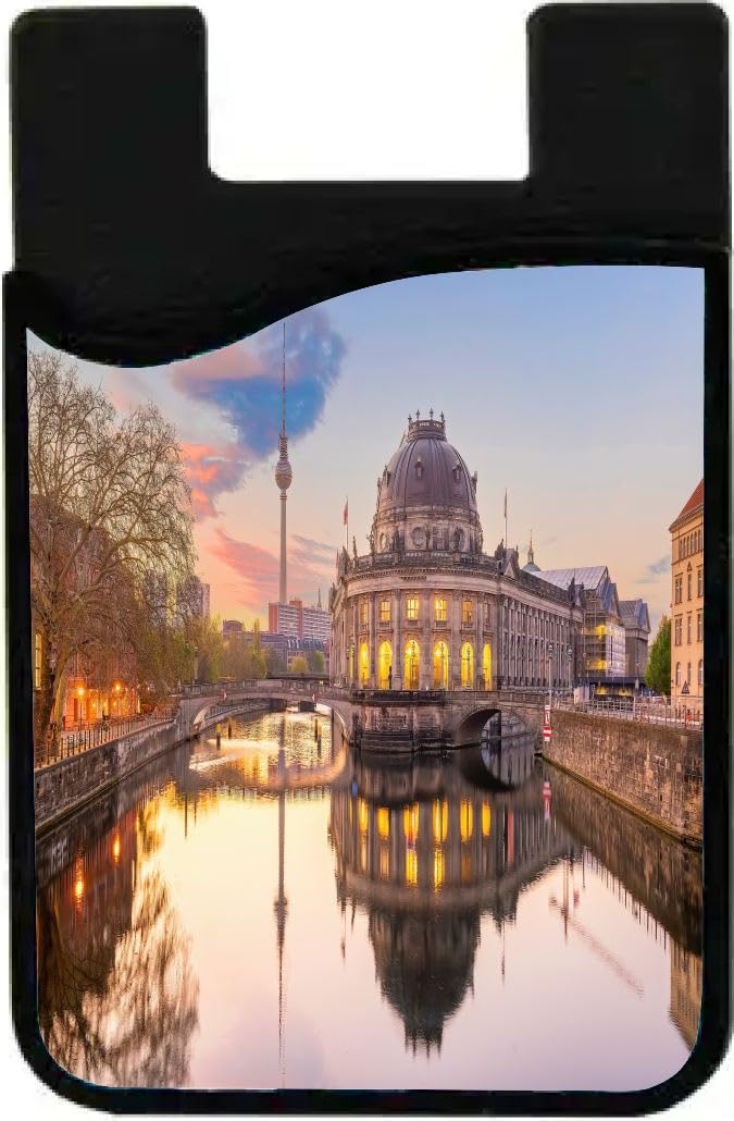 Island Gifting Neoprene Stick-on ID Card Holder for iPhone/Galaxy/Google Android Cases Featuring Image of The Downtown City Skyline in Germany Berlin