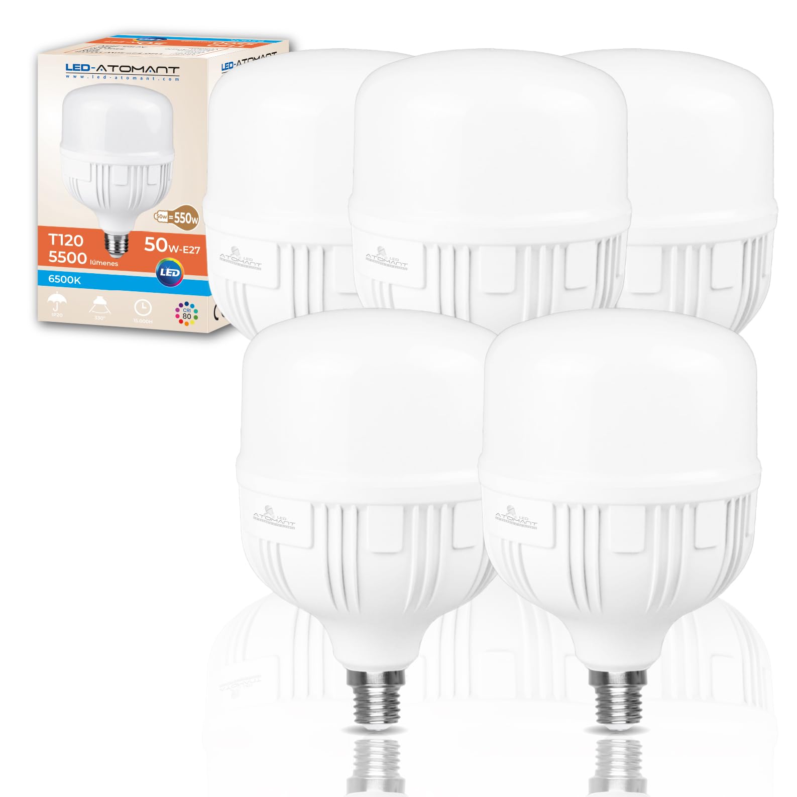 LED ATOMANT 5x LED Lampe E27 T120 50W Kaltweiß 5500lm | Großer Sockel, 6500K