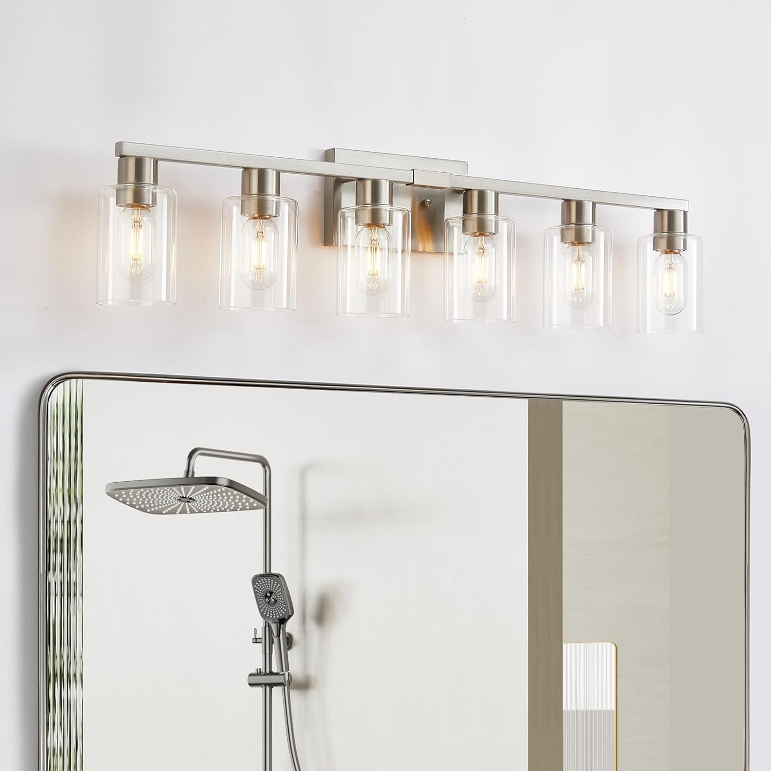 6-Light Bathroom Vanity Light, Brushed Nickel Vanity Lights for Bathroom, Bathroom Lights Fixtures Over Mirror, Large Vanity Light Over Mirror Modern Wall Sconce with Clear Glass Shade