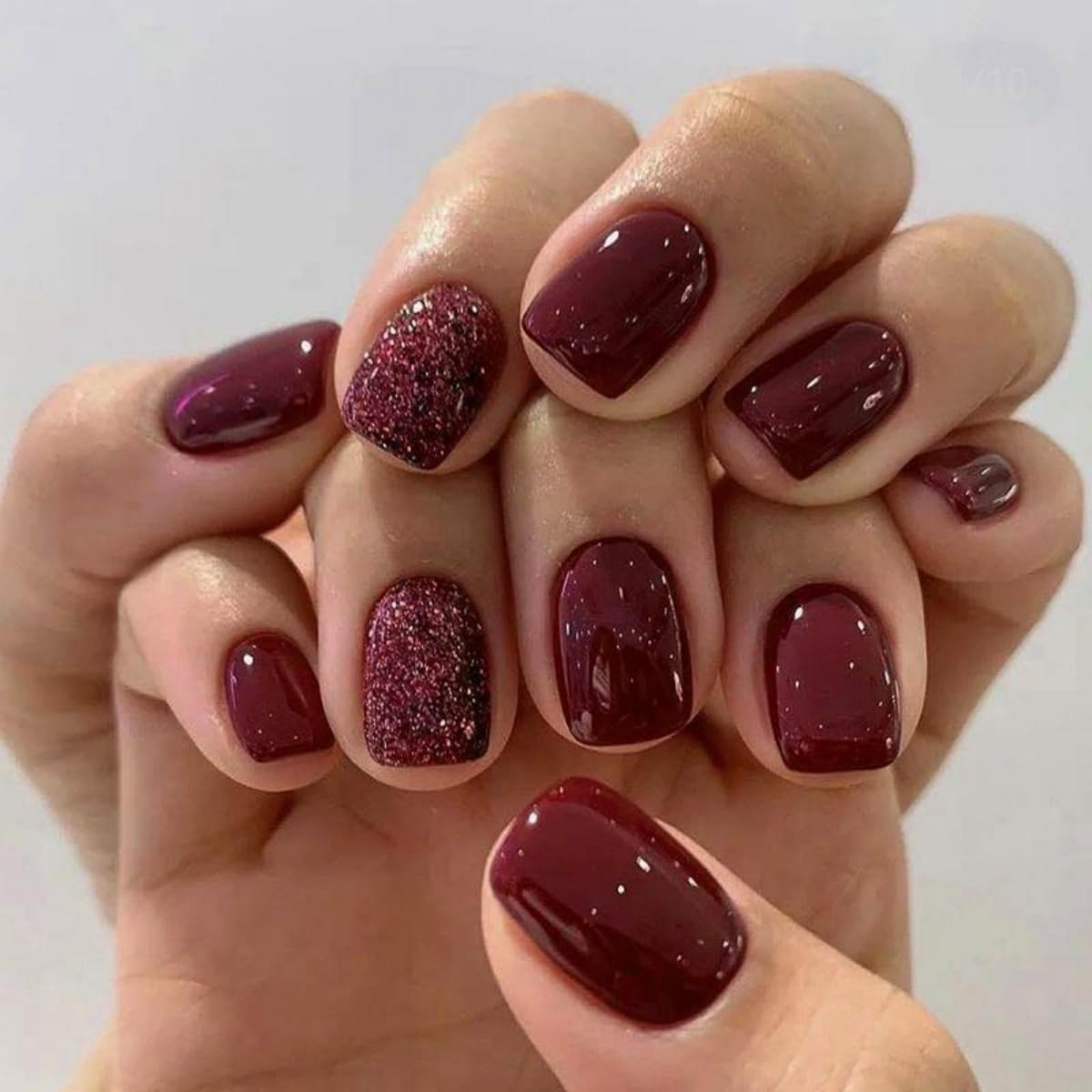 Set Of 14 Pc, Press-On Short Square Maroon Glossy and Glitter Nails Extensions With Free Glue Kit-image-49