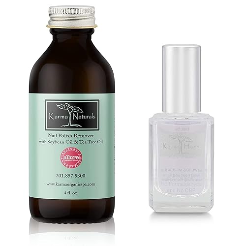 Karma Organic Paquete de removedor de esmalte de uñas y capa superior base, removedor de esmalte de uñas natural de árbol de té de soja (4 onzas