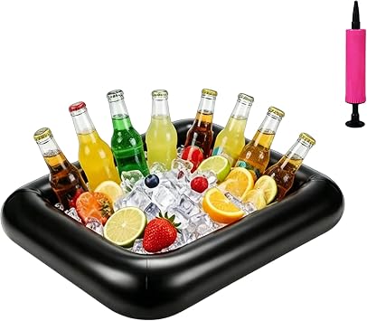Inflatable Ice Serving Buffet Bar with Drain Plug- BBQ Picnic Pool Party | Drink Floats, Floating Drink Holder, Cup Holders, Pool Party Accessories, Hot Tub Compatible Black, 30 x 22 x 4.7 inches