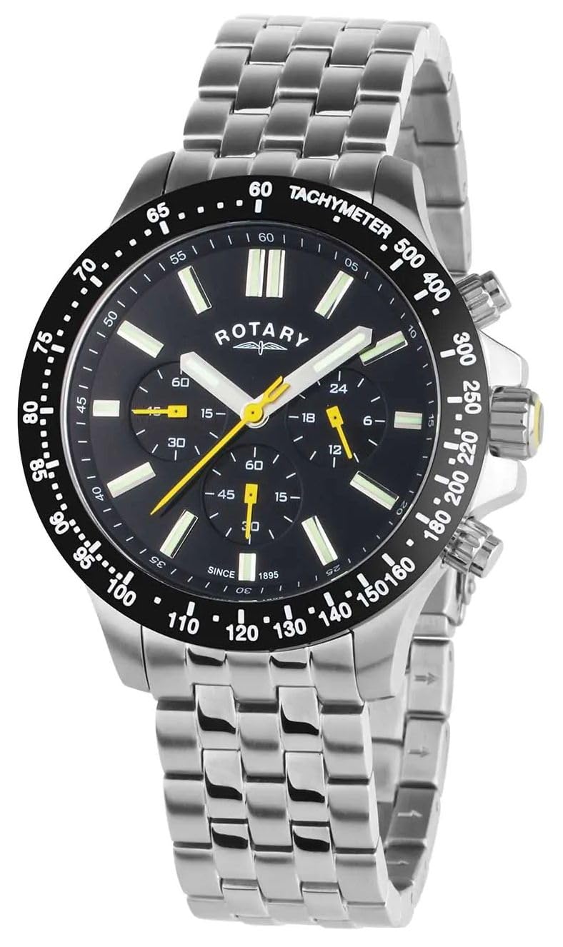 Rotary Sport-Quarzchronograph 45 mm Gehäuse, schwarzes Zifferblatt, Edelstahlarmband