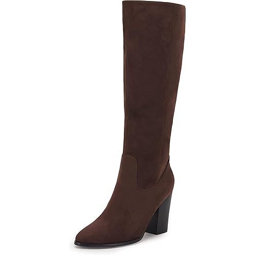 Coutgo Womens Faux Suede Knee High Boots Side Zipper Chunky Heel Stretch Winter Boots
