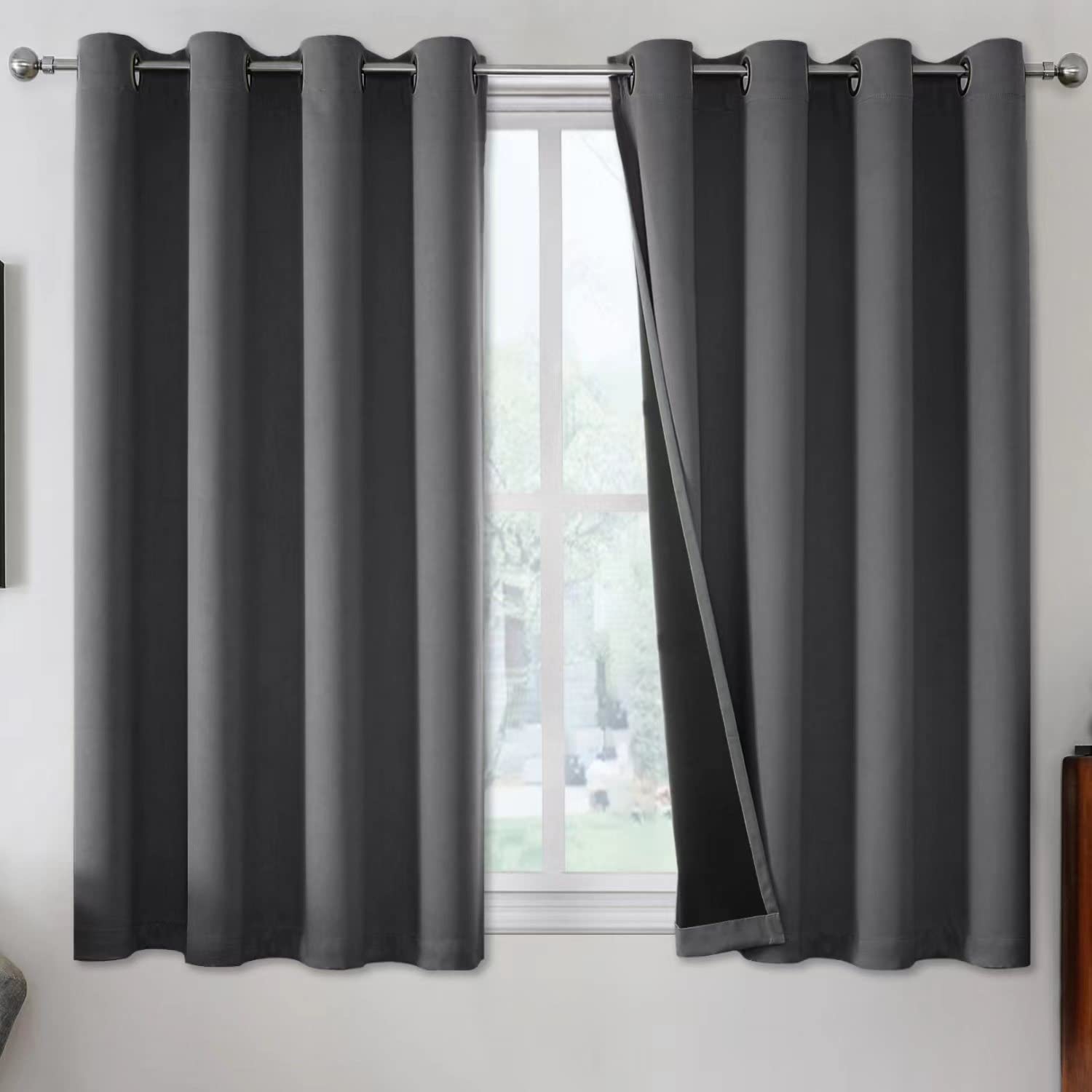 100% Blackout Curtain 2 Panels , Heat and Full Light Blocking Drapes with Grommets for Bedroom, Thermal Insulated Window Treatment Drapes for Living Room(Dark Grey, 52Wx45L)