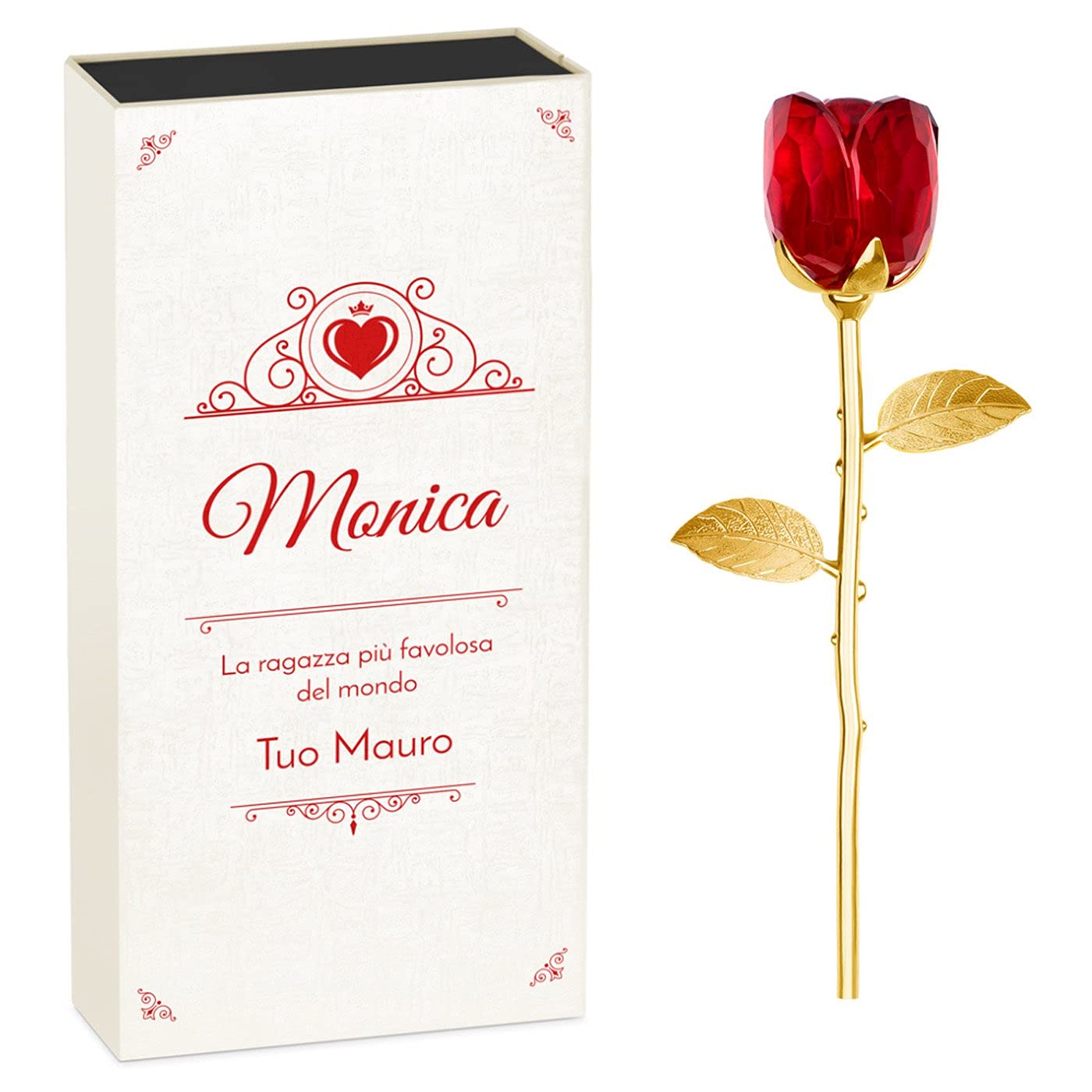 Maverton Rosa Stabilizzata Eterna in Vetro in Scatola Personalizzata - Rose stabilizzate di Cristallo - Soprammobili moderni - Rosso - Oro - Idea Regalo Donna - cuore