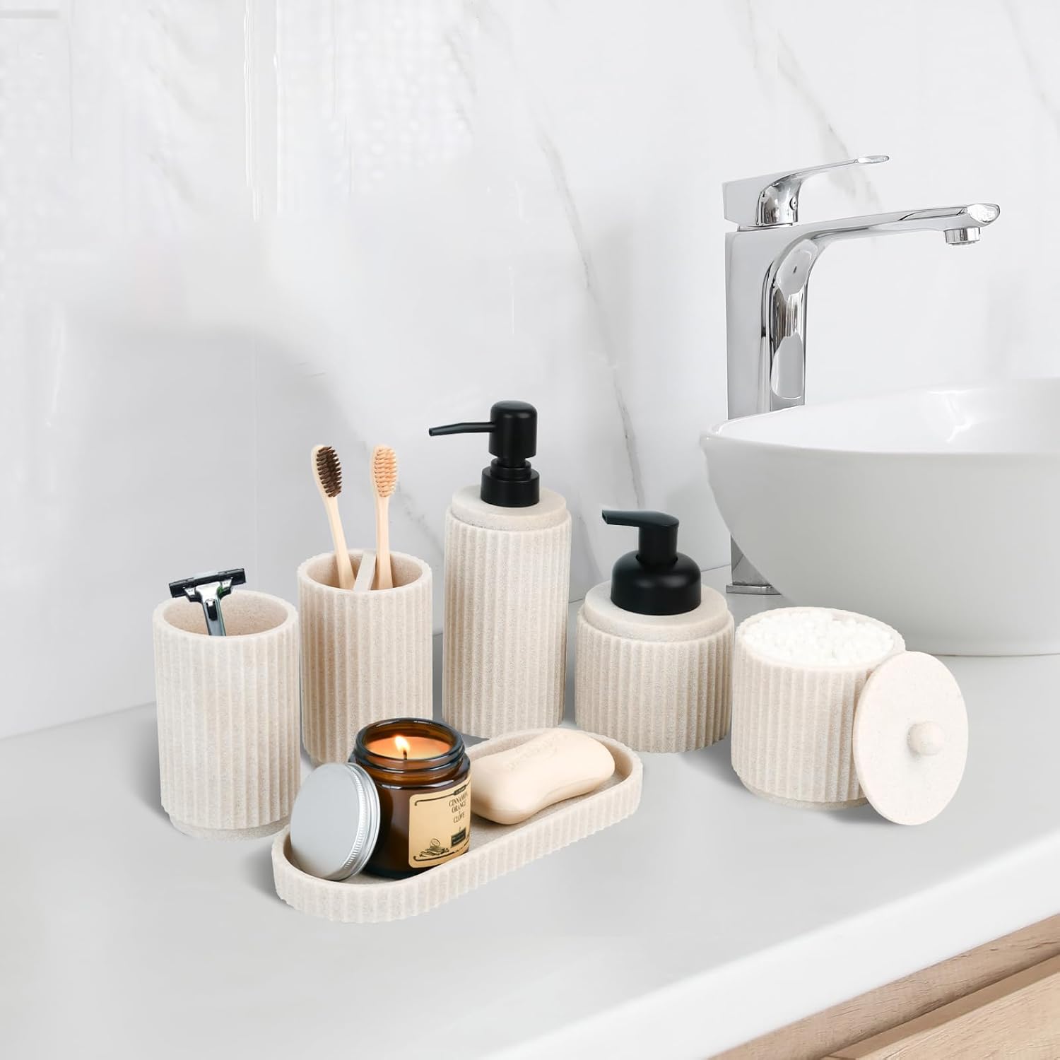 Beige Bathroom Accessory Set - 6 Pcs: Toothbrush Holder, Lotion & Foaming Soap Dispensers, Qtip Holder, Vanity Tray, Bathroom Tumbler - Countertop Organizer