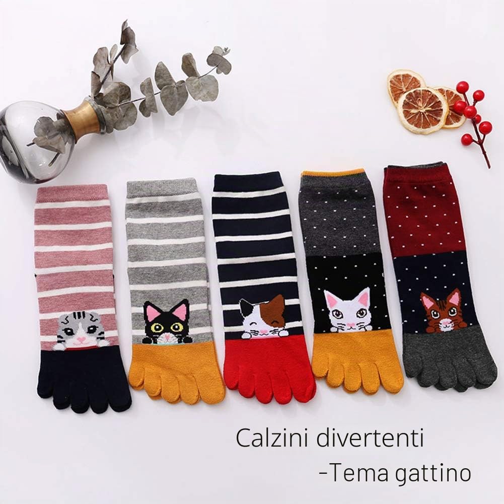 Calzini con Dita Separate Donna Cotone Calze Infradito Senza Punta Fantasia Colorati Calzini Separa 5 Dita Piedi Divertenti Animali Modello Sportivi Casual, 36-41, 5 paia