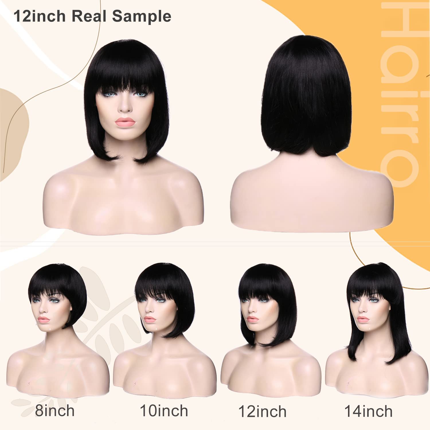 Hairro Short BOB Wig with Bangs Human Hair Wigs for Black Women 100% Real Brazilian Hair Machine Made Glueless Wigs Anti-aging Natural Black