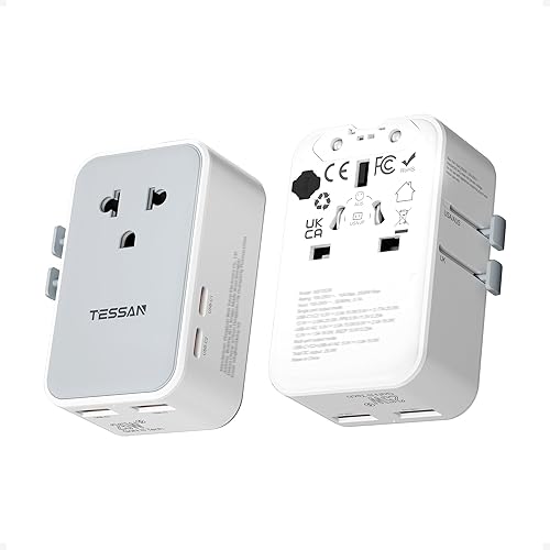 TESSAN Adaptador de viaje universal PD 25W, adaptador de corriente internacional ultrafino con 2 USB A 2 USB C cargador rápido, convertidor de