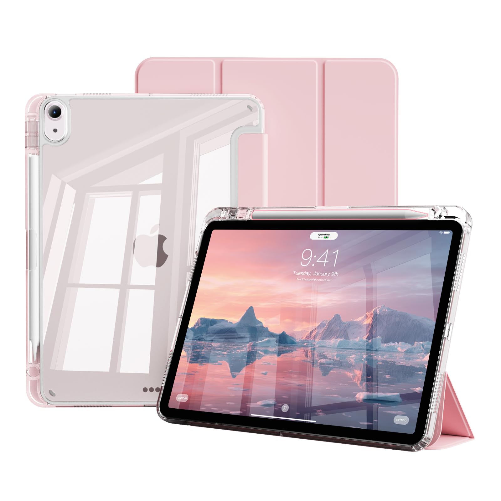 JKSML iPad 11世代 ケース (A16) 2025 iPad 第11/10世代 10.9インチ 2022 透明 アクリル カバー ペンシルホルダー付き 三つ折りスタンド Touch IDと オートスリープ 機能対応 超スリムス 耐衝撃 PU合成レザー カバー(ピンク)