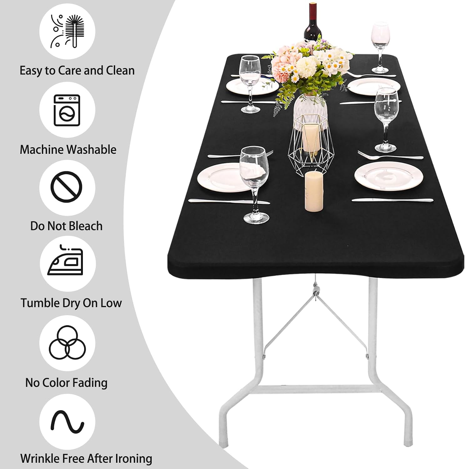 6 Pack Spandex Table Top Cover for 8FT Rectangle Tables, Stretch Fitted Tablecloth Washable Rectangle Table Covers with Elastic Edge for Indoor Outdoor Party Picnic Camping (30" W x 96" L, Black)