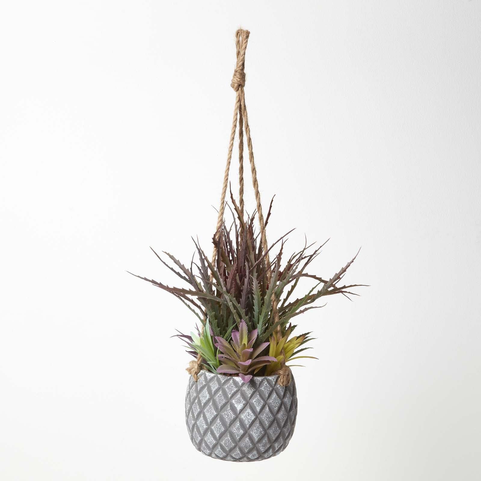 HOMESCAPES Plante grasse Artificielle à Suspendre, Plante Suspendue succulentes en Pot Gris