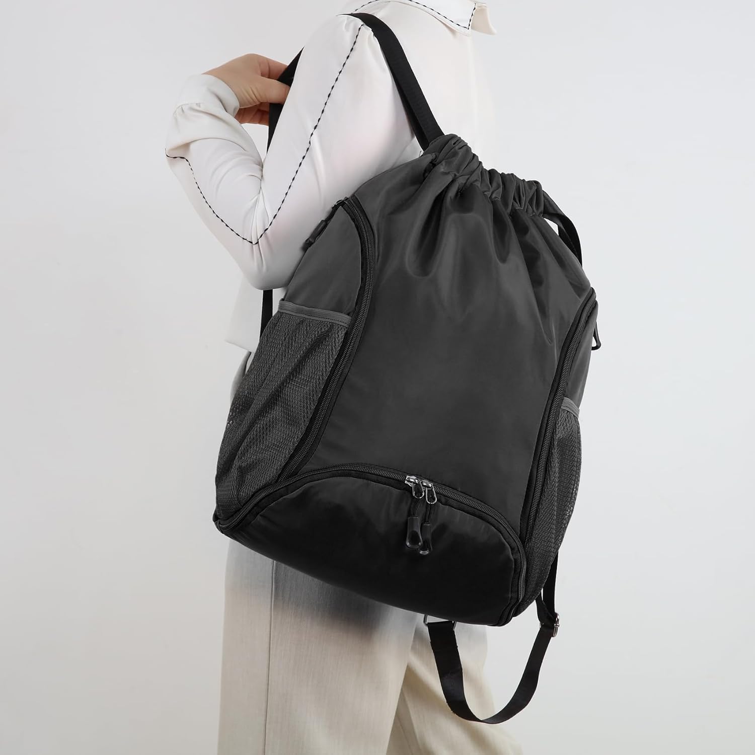 Valleycomfy Sports Gym Bag Drawstring Backpack with Shoes Basketball Bag and Two Water Bottle Holder,Black - Image 7