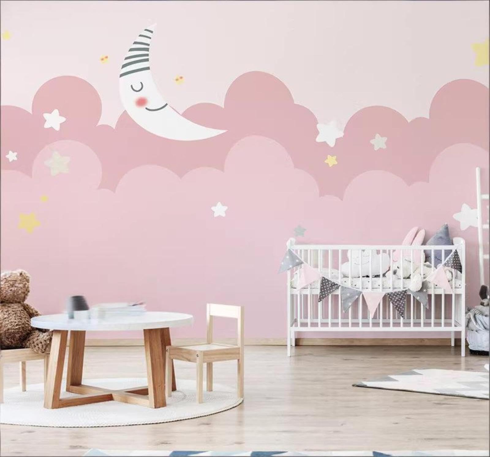Cosy Pink Cartoon Stars Moon 3D Wallpaper Easy Install Feature Office Living Room Sofa Bedroom TV Background Wall Decoration-350cm×256cm