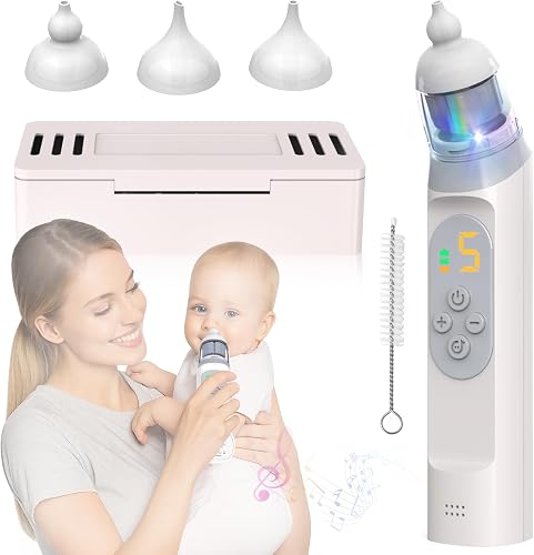 Nasal Aspirator Pro for Baby, Portable Baby Nose Cleaner Sucker with 3 Silicone Tips, Adjustable Suction, Newborn and Child Friendly, Electric Nose Suction, Built-in Music & Light