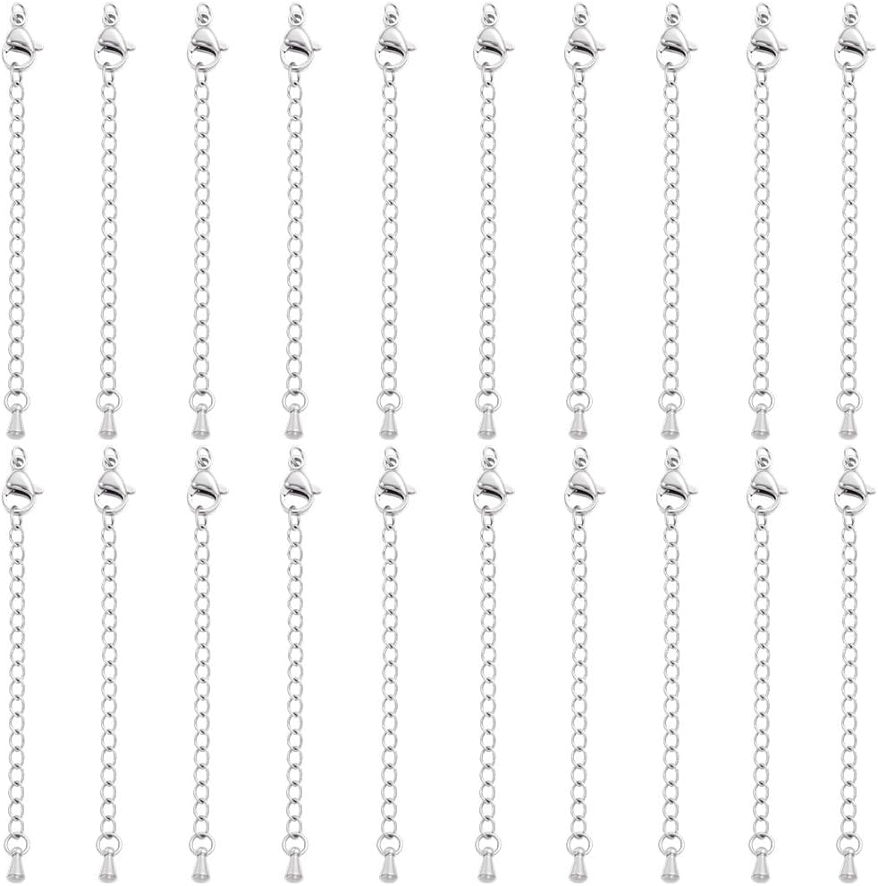 Beebeecraft 20Pcs Teardrop Chain Extender, 304 Stainless Steel Bracelet Extender Chains with Lobster Claw Clasps Charm Silver Extension Curb Chains Tails for Jewelry Making Necklaces DIY Crafts