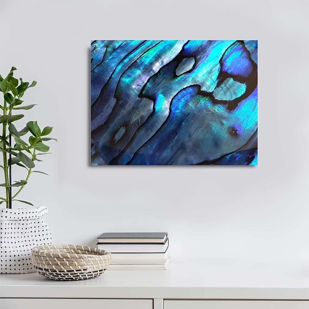 VCBNUGH Decorazione da parete con conchiglie di Paua, stampa su tela con abalone blu, arte con texture ispirata all'oceano, dipinto astratto moderno (30x40 cm/con cornice)