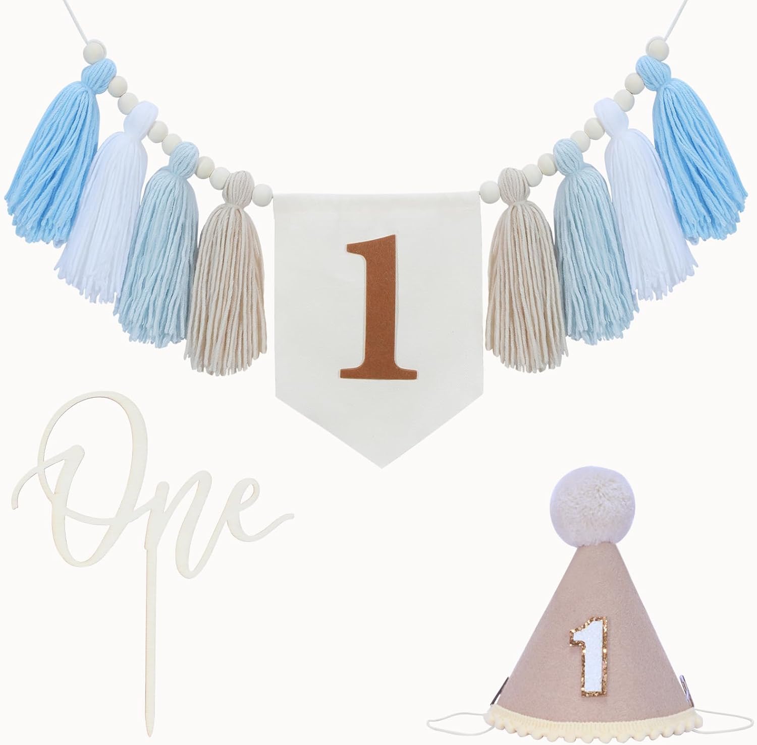 1st Birthday Decorations Boy, High Chair Banner First Birthday Decorations Boho Wood Bead Tassel, Baby 1st Party Hat with One Cake Topper Brown